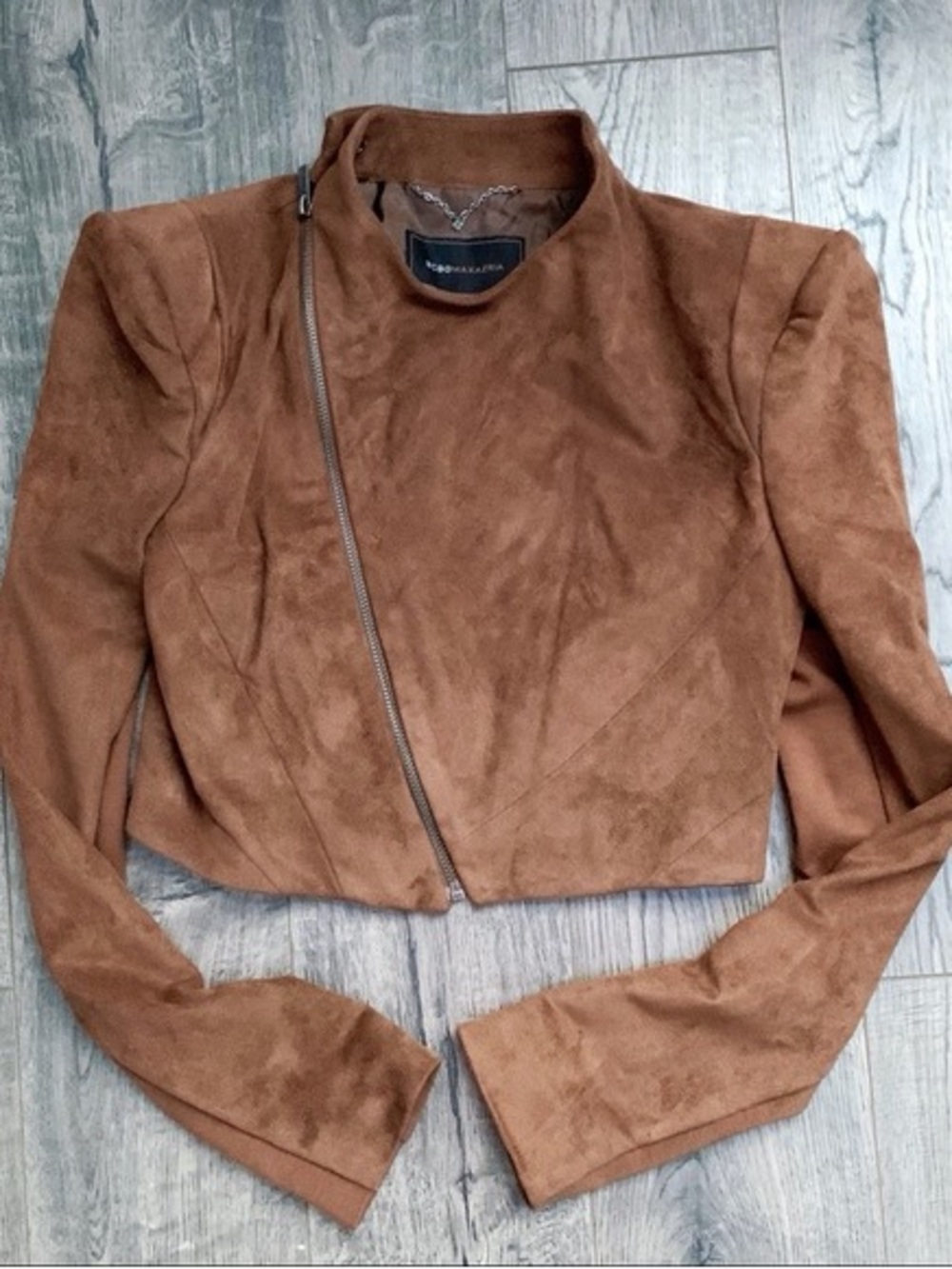 BCBGMAXAZRIA Ana Draped Suede and Rayon Moto Jacket ~ Toffee
